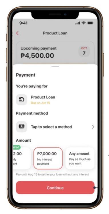 Product Loan payment screen showing the No interest payment amount in the Salmon app